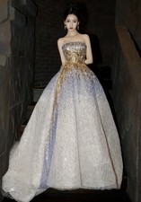 Luxury Sequin Ball Gown Princess Evening Dress Gold Purple Prom Dress Wedding