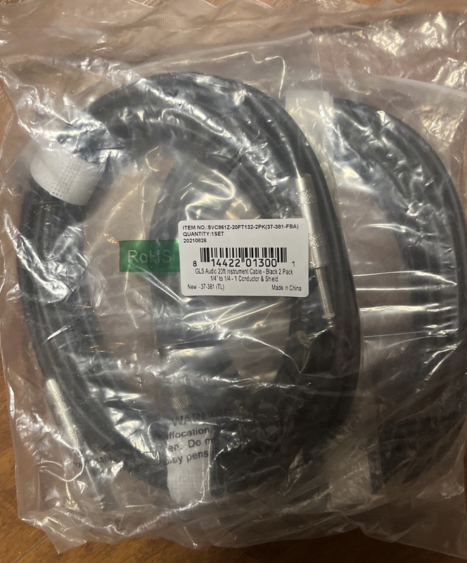 Gls Audio 20ft Instrument Cable Black 2 Pack 1/4 To 1/4-1 Conductor Shield