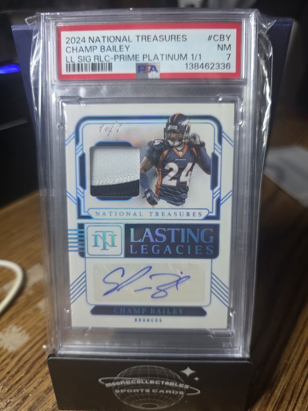 Champ Bailey 2024 Panini National Treasures 1/1 Logo Patch Auto Broncos PSA