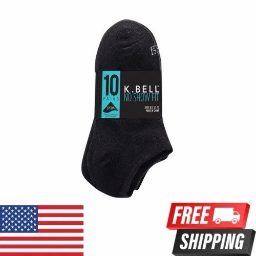 KBell NO SHOW FIT 10 PAIRS/PACK WOMEN'S SOCKS SHOE SIZE 5.5-10 K BELL BLACK NWT