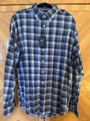 GANT Shirt Size 2XL XXL Men Blue Plaid Check Regular Fit Long Sleeve Button Down