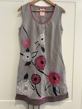 Mantaray Grey Linen Floral Dress UK 12 Embroidered Sleeveless Summer Boho