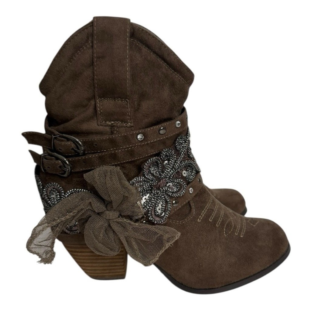 Not Rated Western Ankle Boots Women’s 6 Brown Suede Embellished Sequin Bow