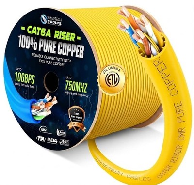 Cat6A Riser Cable 880ft, Bare Copper CMR Rated, 23AWG UTP, 750MHz PoE++, 10Gbps