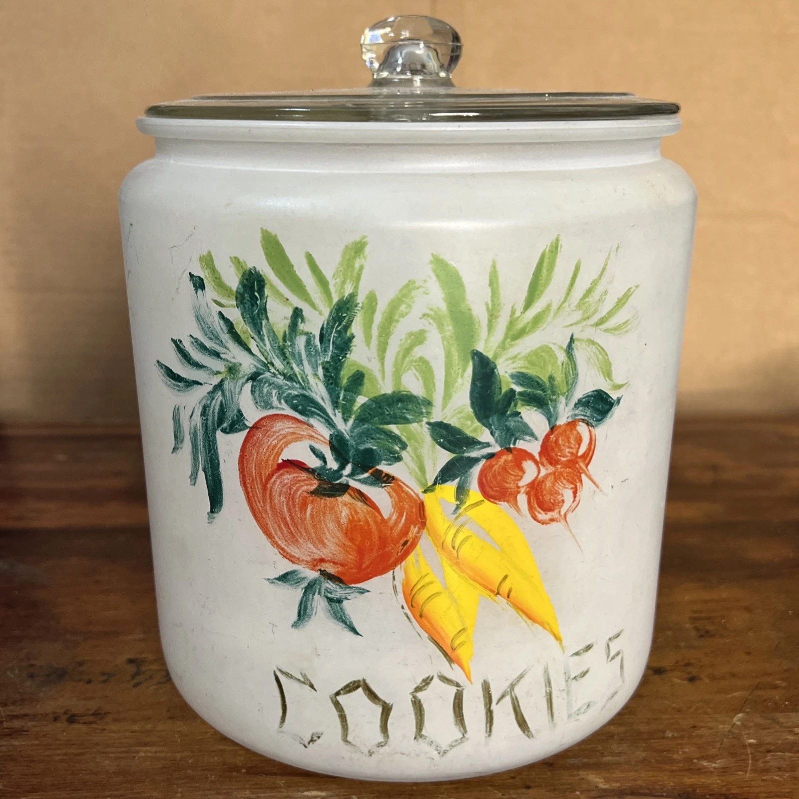 VTG Hand Painted Vegetable Cookie Canister Jar with Glass Lid Kitchen Decor 8X7”