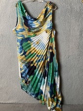 Shein Dress Womens XXL White Aqua Abstract Shift Pleated Hi Low Hem Beach