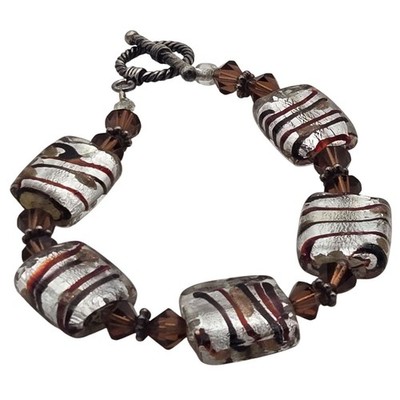 Handcrafted Glass Bead Bracelet With Silver & Brown Striped Cubes Toggle Clasp