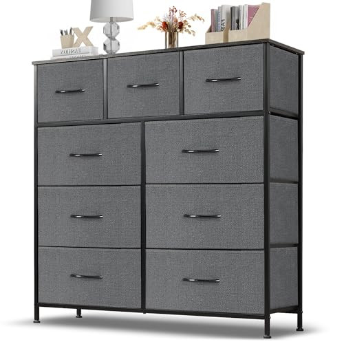 Dresser for Bedroom, 9 Storage Drawers, Anti-Tip Tall Fabric Closet Chests