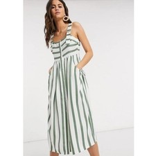 ASOS Midi Dress Womens 12 Green White Striped Button Front Vacation Picnic