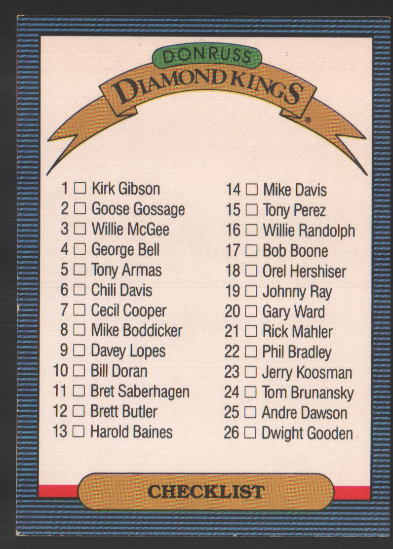 1986 Donruss Baseball #NNO - Diamond Kings Checklist: 1-26  86-113