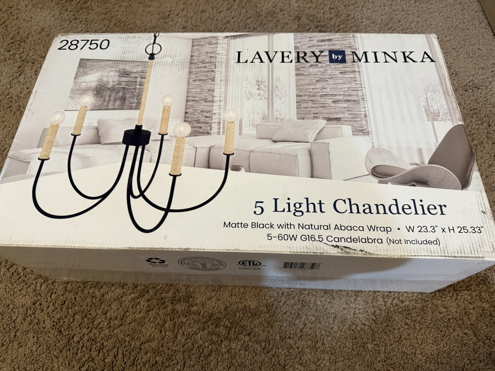Minka Lavery 28750 5-Light Matte Black Chandelier with Natural Abaca Wrap NEW