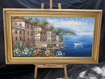 Enormous 55 32  Vintage Canvas Oil Italian Harbor Village Painting Italy