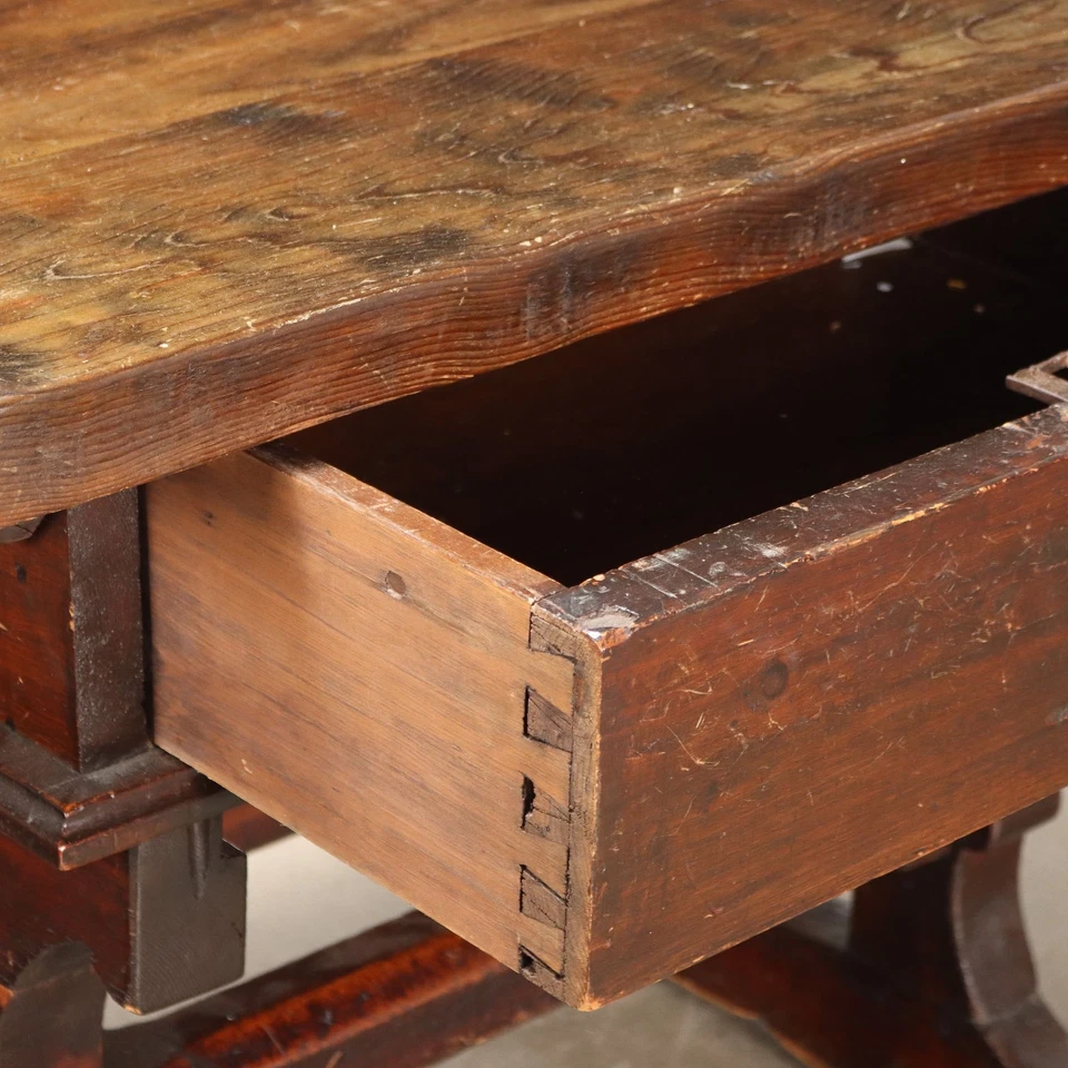 Table Basse Ancien avec Tiroir en Sapin Italie XXe Siècle Authentique - Photo 4/4