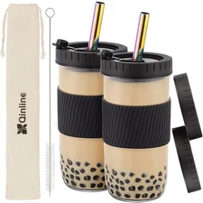 Reusable Glass Mason Jars Cups with Lids and Straws Silicone Sleeves 2 Pack 24Oz