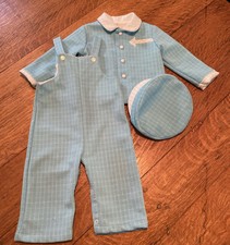 VTG Thomas 50  s 60s 3 Piece Blue Polyester Jacket Overalls Hat 24 Months
