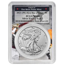 2021 (W) $1 1-oz T-2 American Silver Eagle PCGS MS69 FDOI West Point Frame
