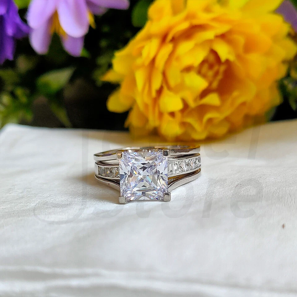 3 Karat Princess Diamant Hochzeit Braut Ring Set Verlobungsring Weißgold-Finish - Bild 3 von 4