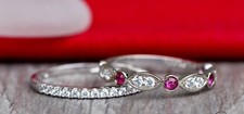 1ct Round Cut Pink Ruby Simulated Diamond Wedding Bands Set White Gold Plated