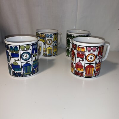 70s vintage mod geometric primary color kitchen graphics mug set