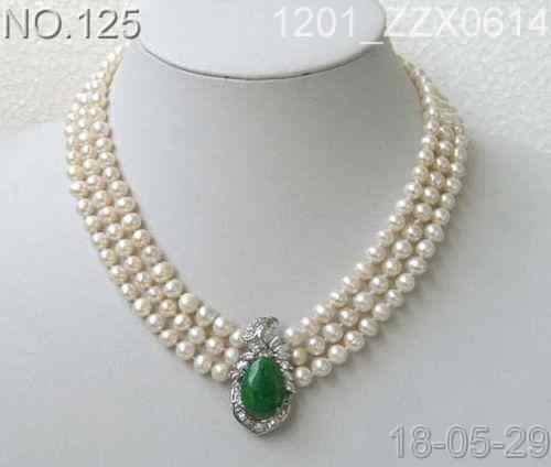 3 Rows Genuine 7-8mm White Pearl Emerald Jade Pendant