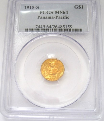 1915-S $1 GOLD PANAMA PACIFIC COMMEMORATIVE EXPO DOLLAR COIN PCGS MS 64 =STUNING