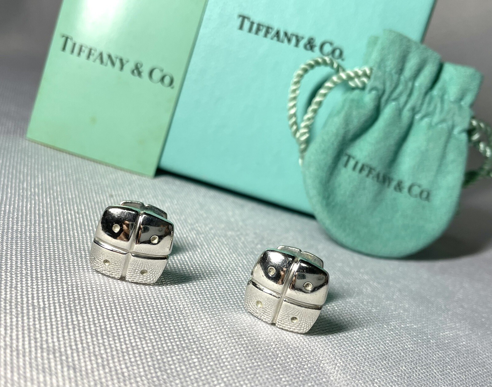 Auth Tiffany Fourth Cufflinks Square Vintage Button Sterling Silver SV925 + Box