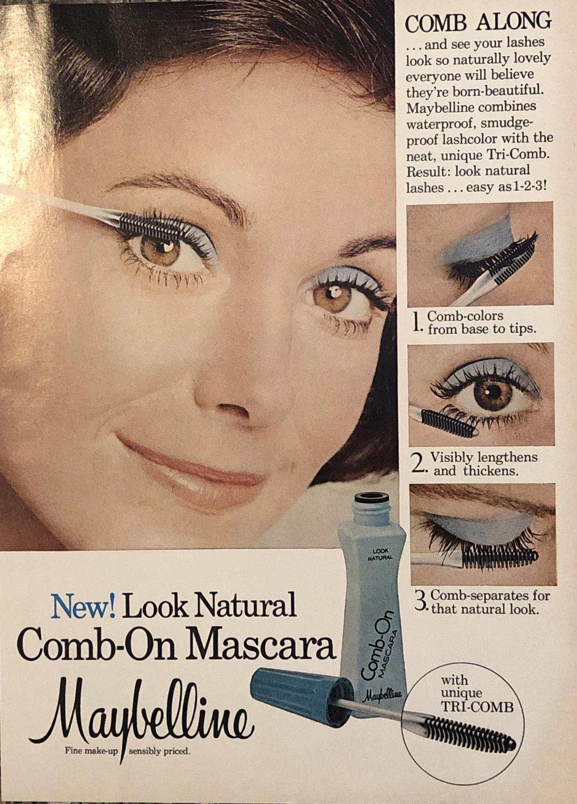 1976 Maybelline Tri-Comb Mascara Ad for Natural 70s Makeup Look Vintage