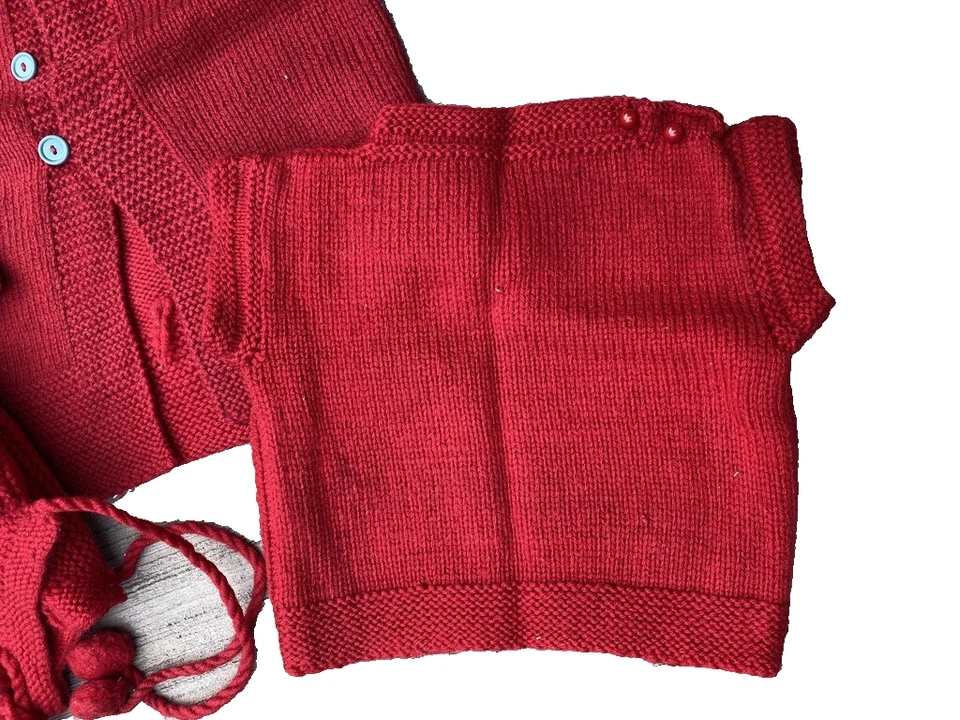 Conjunto de suéter de lana roja para niños tejido a mano de colección años 50 con blusa y sombrero talla 3-4 Foto 4 de 4