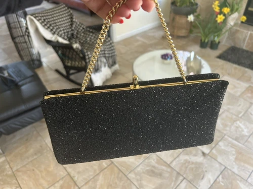 Vintage Clutch Handbag Black Sequins Evening Bag 10.75” 5.25” Gold Tone Handle