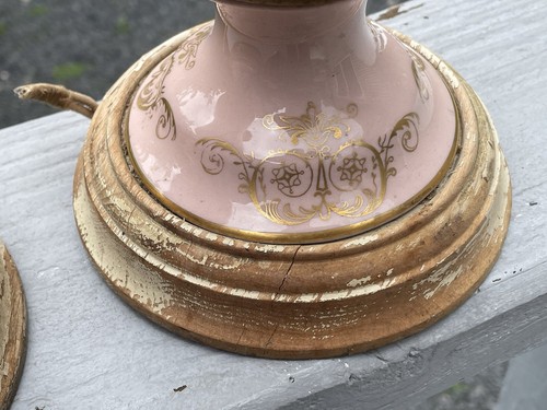 Pair of Antique Art Deco Regency 1930 Table Lamps Paul Hanson Pink Chrysanthemum - Picture 9 of 15