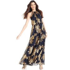 Xscape Dress Sleevless Halter Pleated Gown SZ 2 Navy Gold