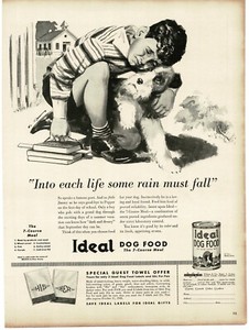 1940 Ideal Dog Food little boy crying with dog art Vintage Print Ad