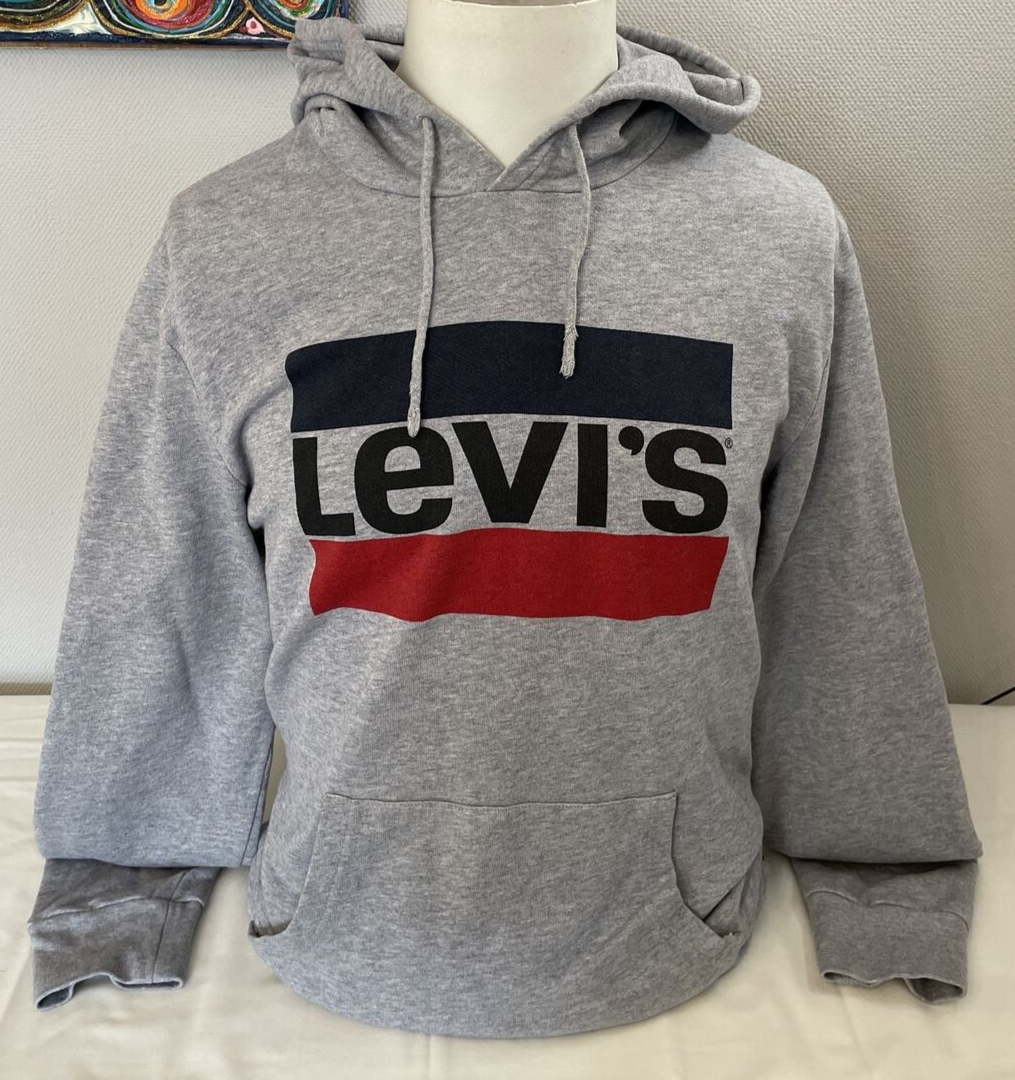 Levis Hoodie Mens Grey Pullover Hooded Sweatshirt Logo Spell Out Pocket - Size S