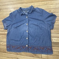 CITY BLUES by KORET vtg Denim Shirt Women 26W Blue Floral Stitch Shoulder Pads