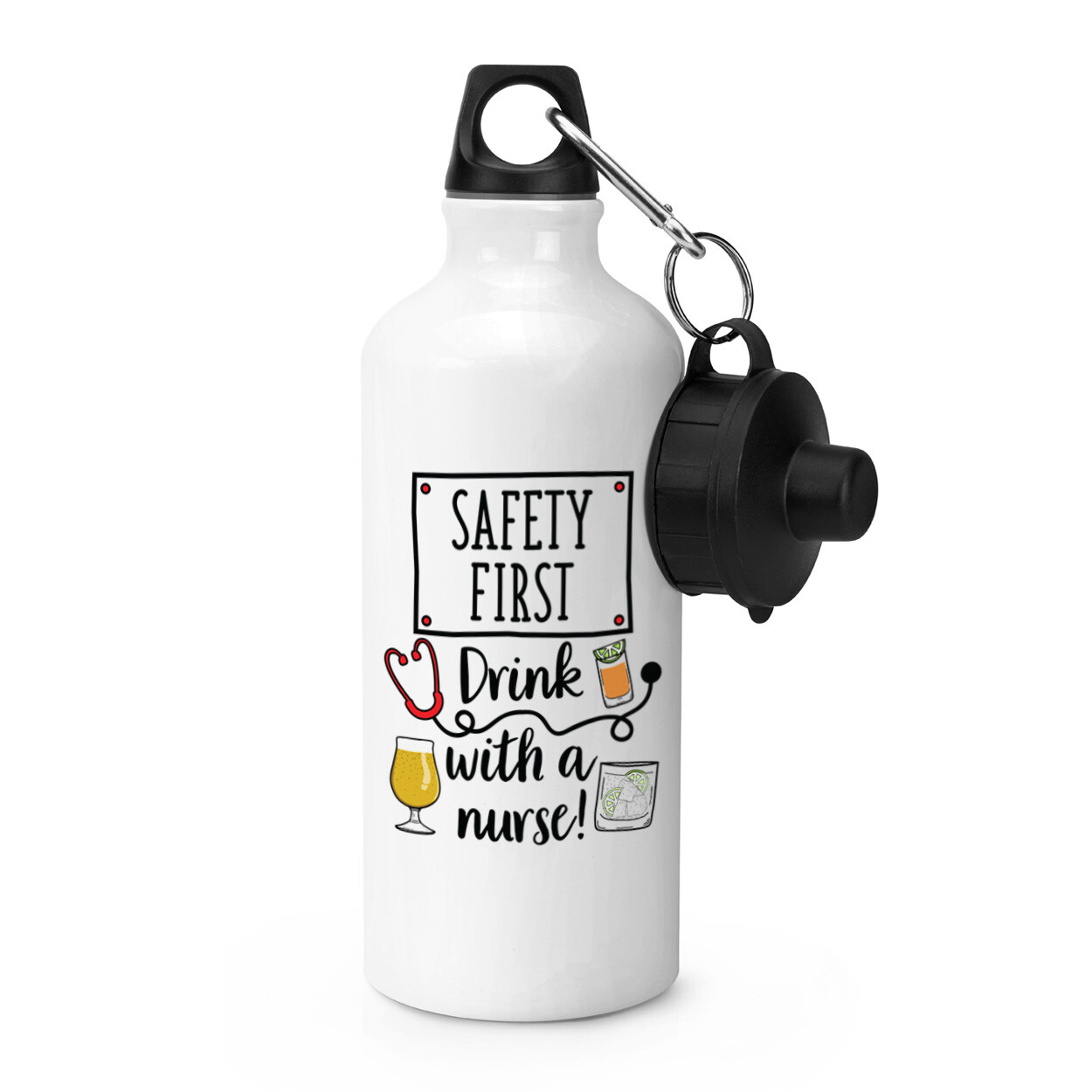 Safety First Drink With A Nurse Sports Water Bottle Gin Rum Whisky Wine Prosecco