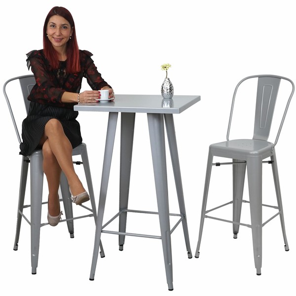 Set 2X Barhocker + Bartisch HWC-A73, Stehtisch, Industriedesign Metall Grau-image