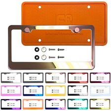 Premium Stainless Steel License Plate Frame Metal Screw Cap Silicone Backguard