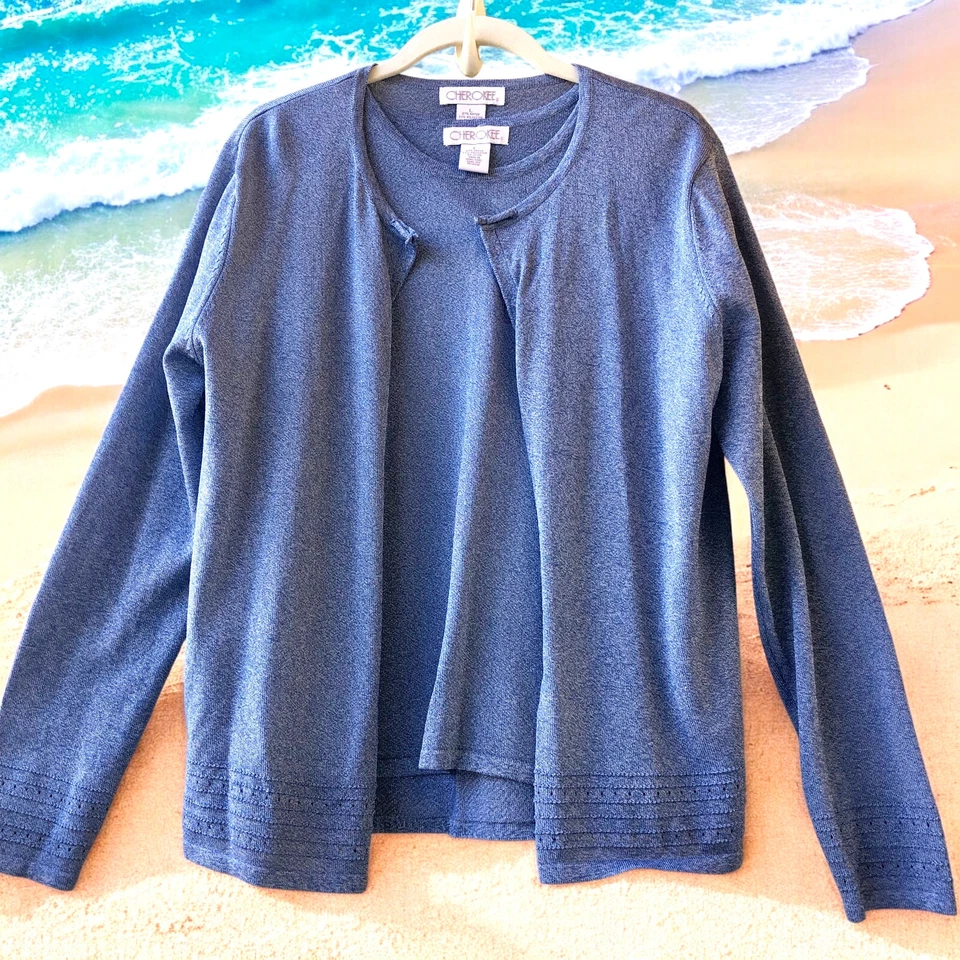 Cherokee Blue Cardigan Sweater & Tank Top Twin Set Womens Large Vtg Hong Kong - Image 2 of 4