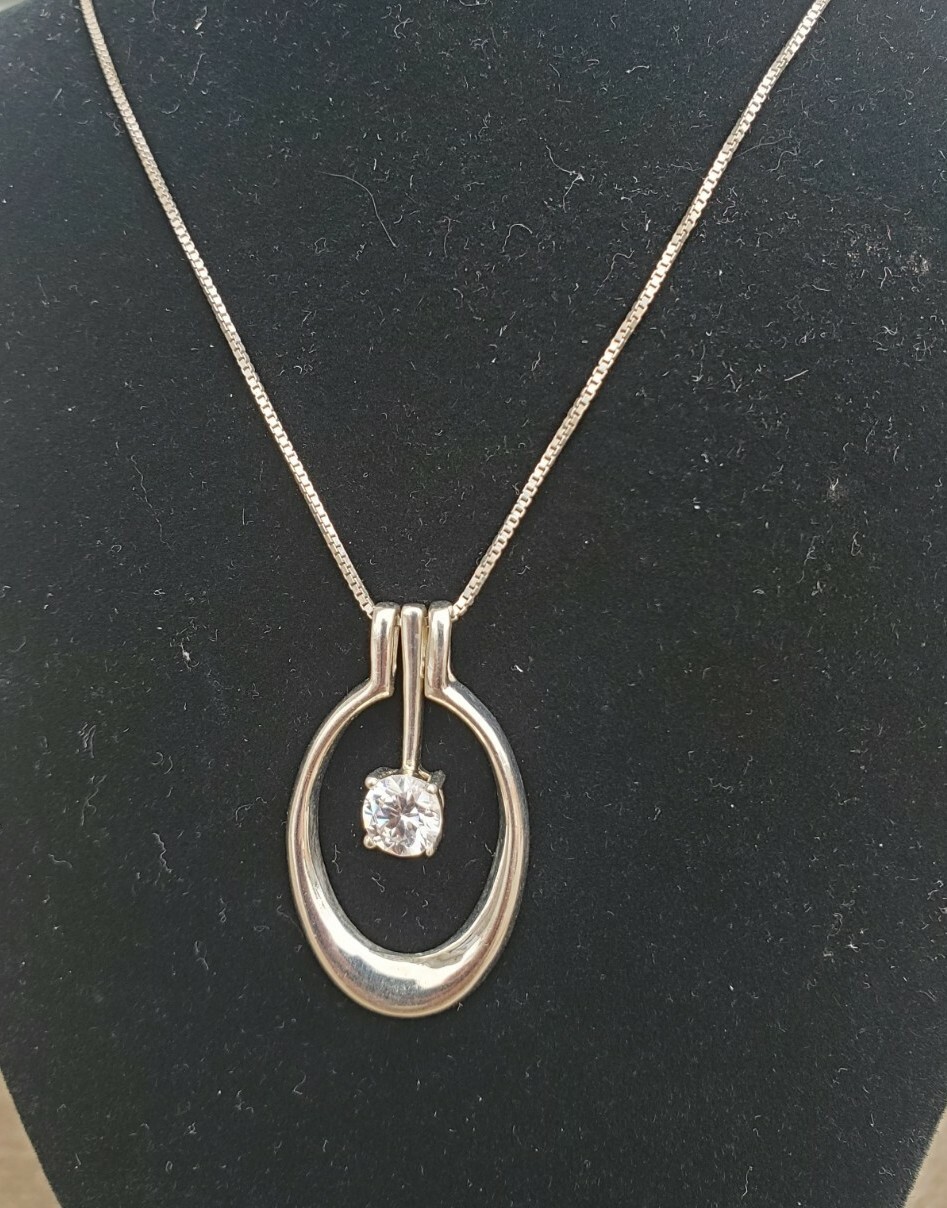 Sterling Silver Solitaire Hoop Dangle Pendant Nec… - image 1