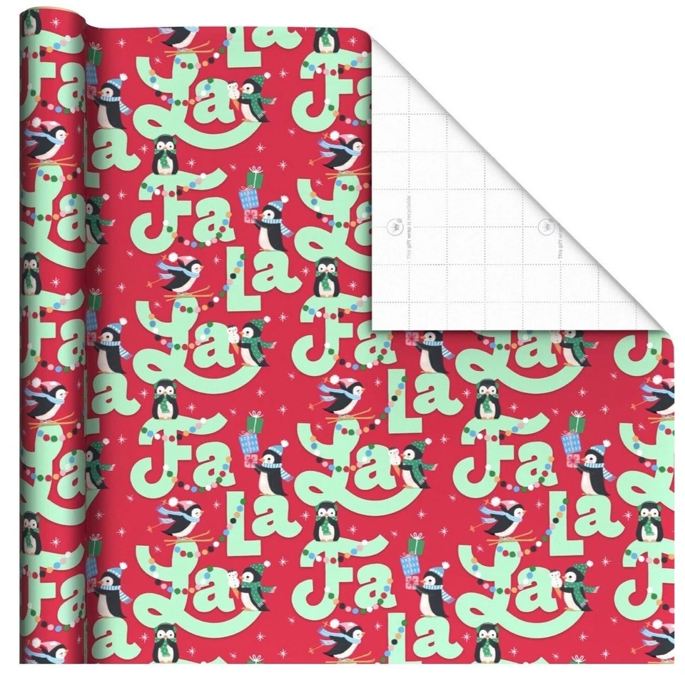 Hallmark Wrapping Paper Christmas Penguins Fa La La Red 35 sq ft Roll Holiday - Image 2 of 4