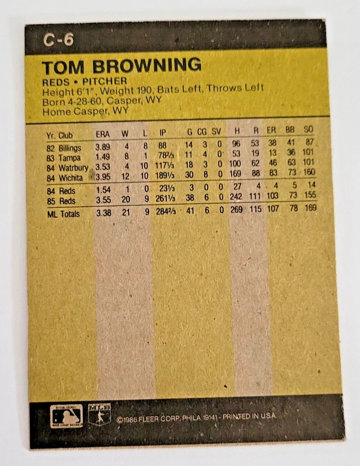 TOM BROWNING Signed 1986 Fleer Box Bottom Card #C-6 Cincinnati Reds Autograph - Image 3 of 3