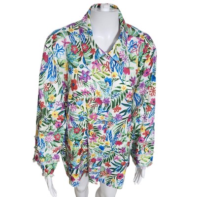 NEW John Mark 3X Linen Floral Print Point Collar 3/4 Sleeve Button Front Tunic