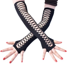 Gothic Black HOLLOW SLASHED SLEEVE LONG FINGERLESS GLOVES Punk Steampunk Cosplay