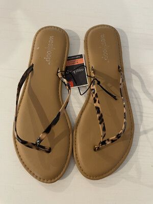 NWT West Loop Leopard Print Thong Sandals Sz 5/6 Cushioned Insole Tan Brown Blac