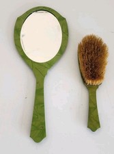 Vintage Pearlized Celluloid Hand Vanity Mirror  Brush Set Green