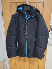 Hugo Boss Womens Size Small Hooded Puffer Coat Black With Blue Lining