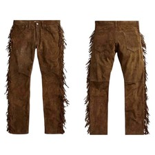 Men's Western Cowboy Suede Leather Fringe Pants Brown Cowhide Jeans Style