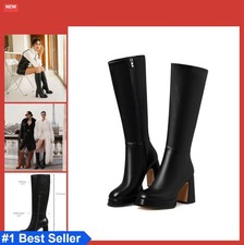 Knee High Boots Platform Chunky Heel Square Toe Side Zipper Faux Leather for