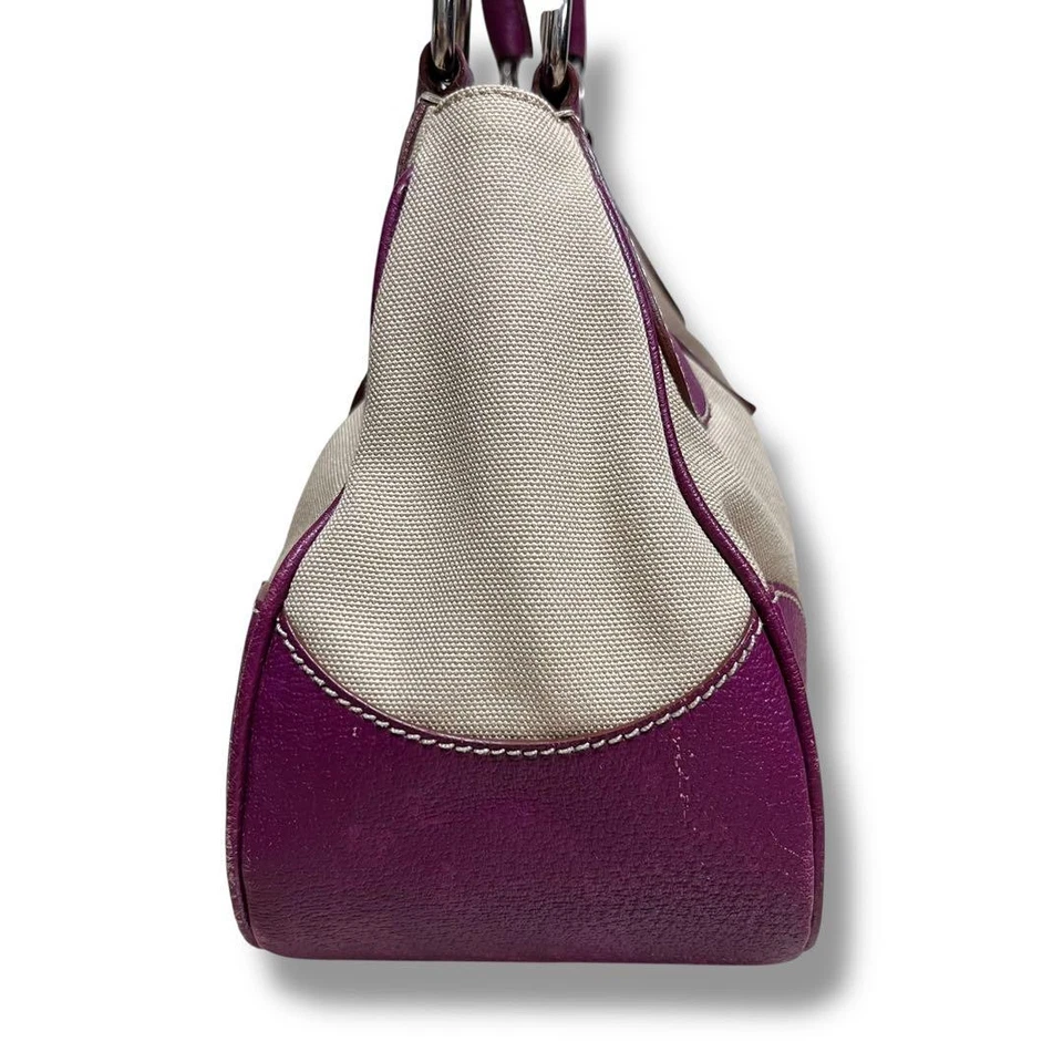 Auténtico bolso de mano de cuero de lona PRADA beige púrpura para mujer Italia 123707 Foto 4 de 4