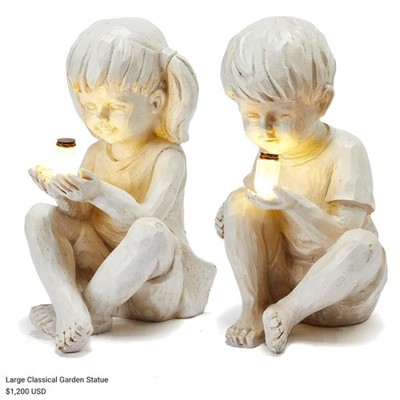 Cream Colored Garden Statues Set, Solar Boy and Girl Figurines for Outdoors
